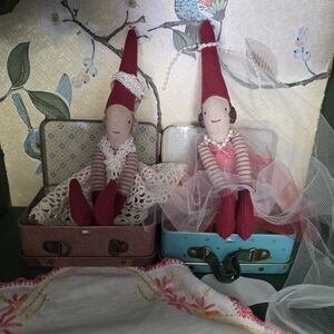 Handmade Red Fabric Elf Dolls - Pair